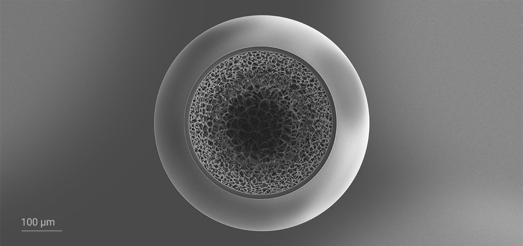 Voronoi gradient density foam enclosed by a solid outer shell with a diameter of 550 µm. 
