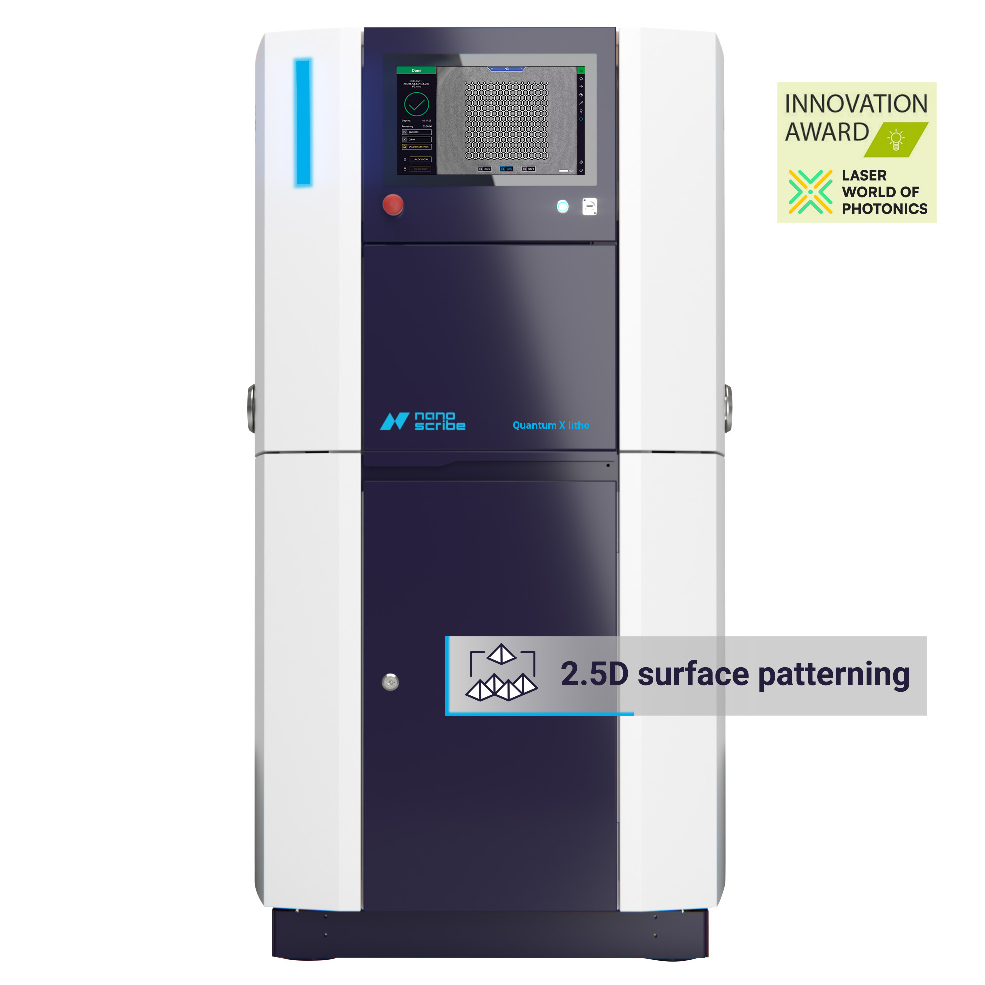 Quantum X litho 双光子灰度光刻系统正面视图及其主要应用领域展示