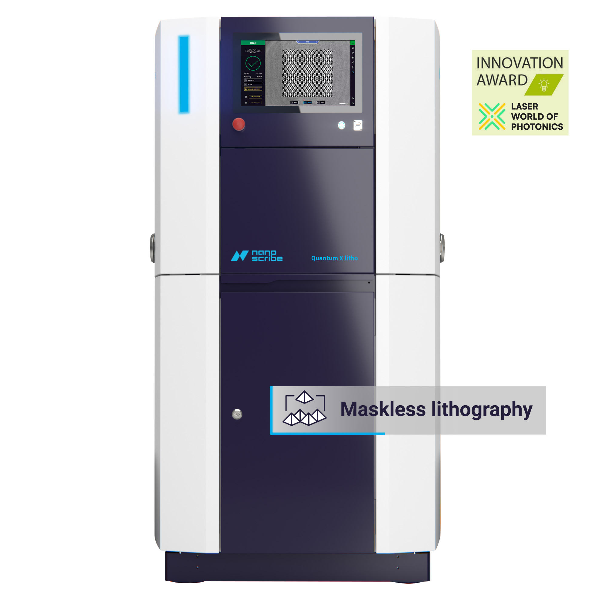 Quantum X litho 双光子灰度光刻系统正面视图及其主要应用领域展示