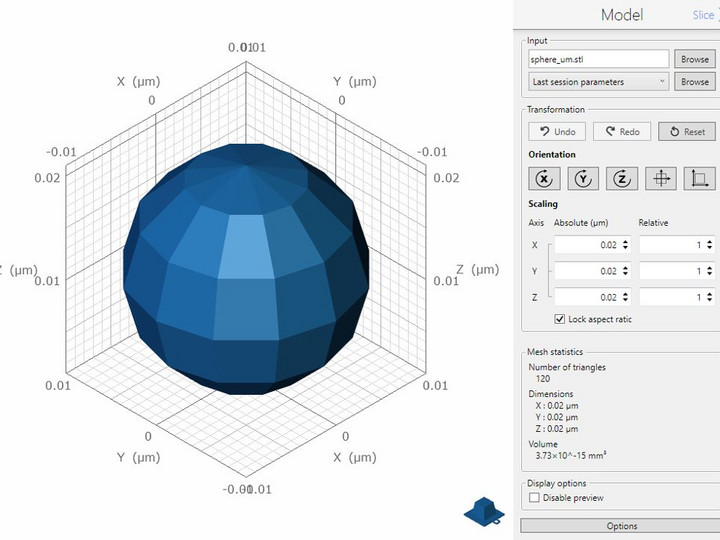 Micrometer-sized CAD model created using the millimeter scale (diameter = 0.02 mm) and imported with DeScribe.