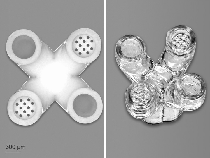复杂微流体多连接器生坯（左）和烧结工艺后相应玻璃结构（右）