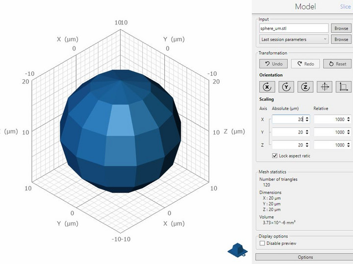 STL model scaled up from the original 0.02 μm to 20 μm in DeScribe