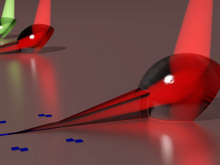Rendering of freeform 3D couplers attached to a nanophotonic circuit for fiber-to-chip coupling.